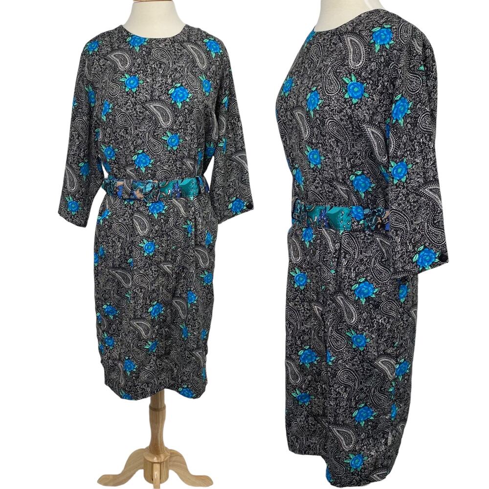 Vintage Midi Dress Paisley Floral Printed Belted Black Blue Womens Medium